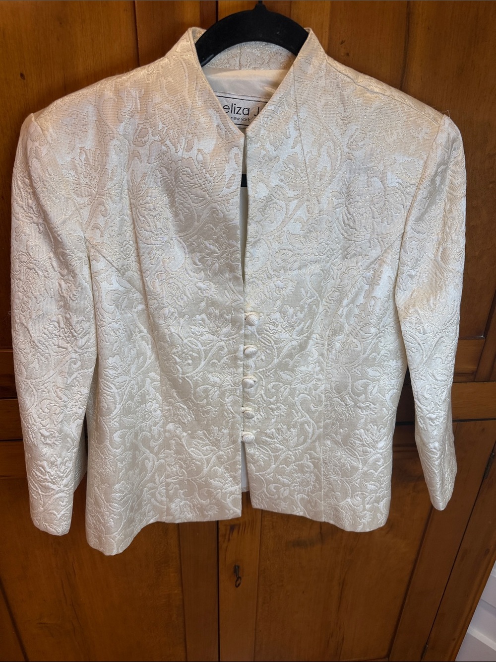 Eliza J Ivory Brocade Mandarin Collar Blazer w/Ornate Gold Stitching